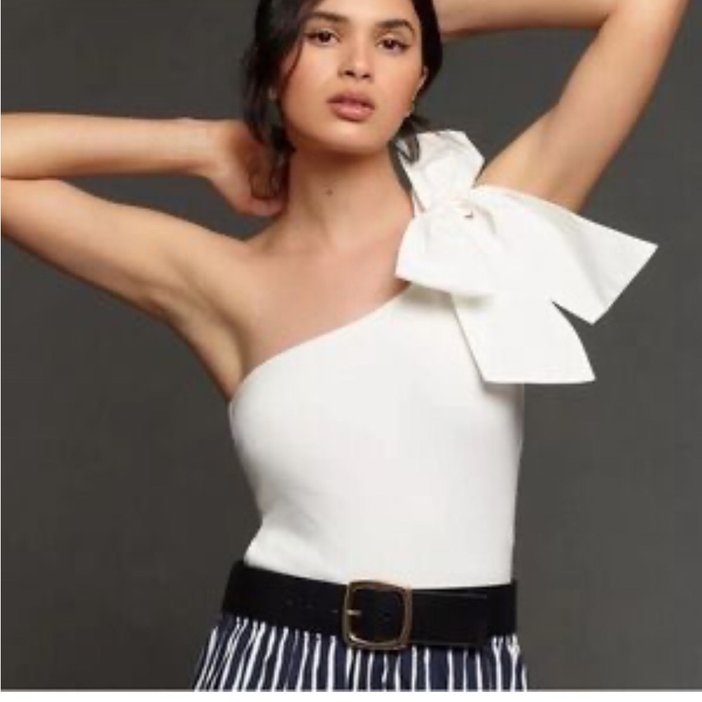 Anthropologie Sunday In Brooklyn White Ribbed One Shoulder Bow Tank Medium